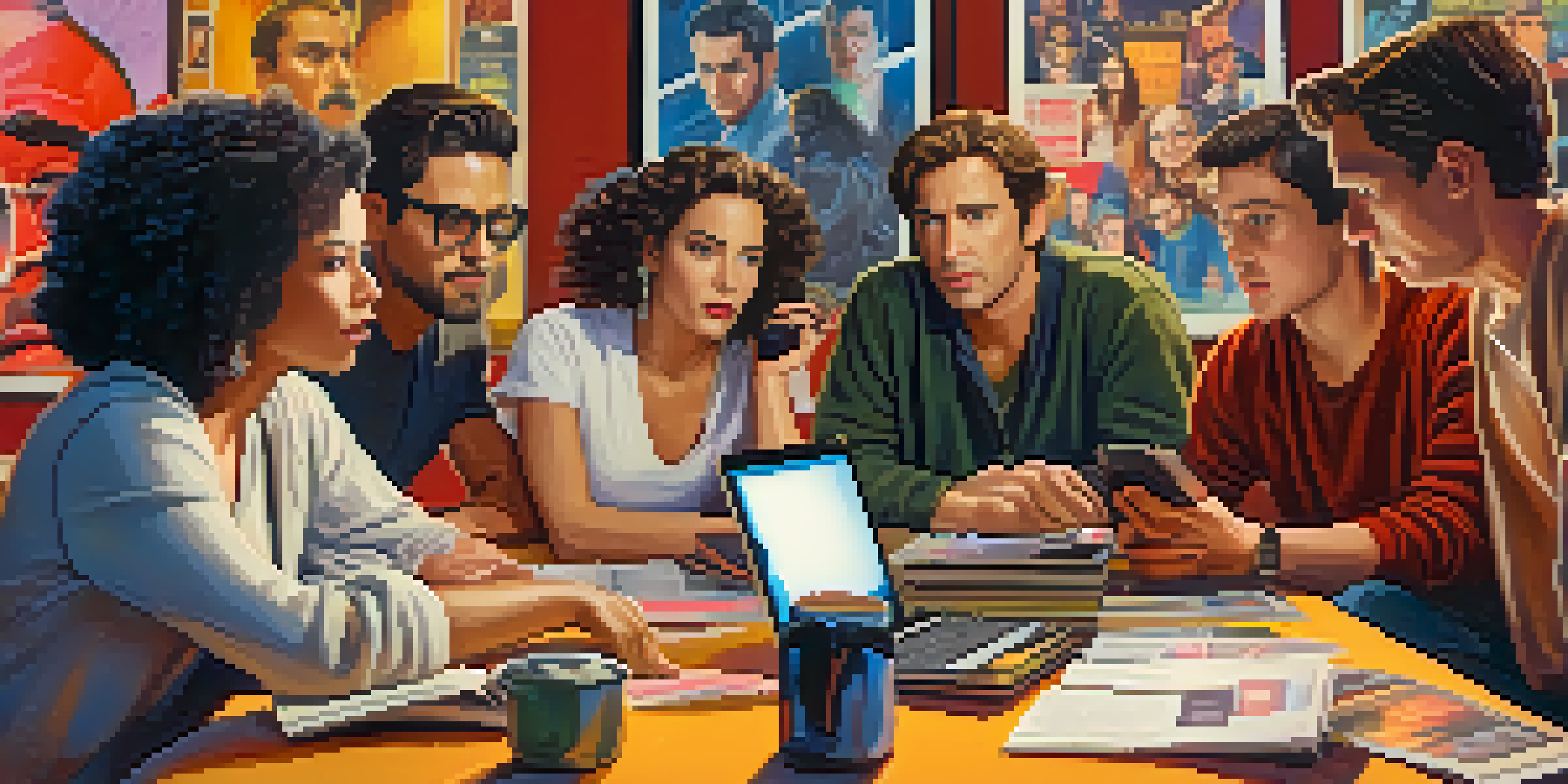 A diverse group of people discussing film criticism at a table with laptops and notebooks in a cozy room decorated with movie posters.