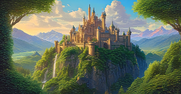 A fantasy film set with green landscapes, mountains, and a mystical castle under golden light.
