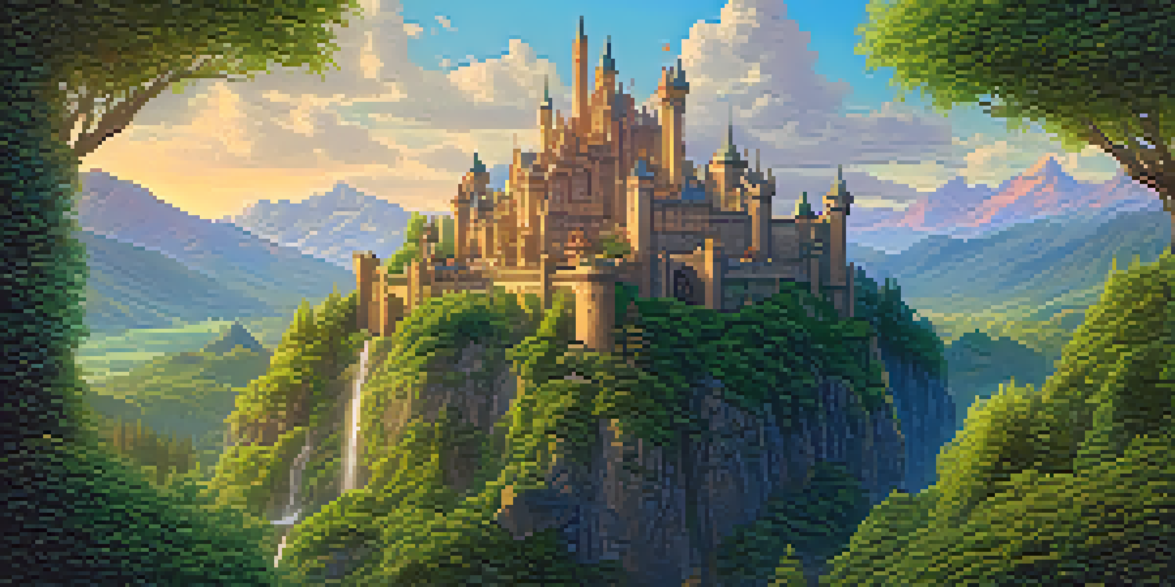 A fantasy film set with green landscapes, mountains, and a mystical castle under golden light.