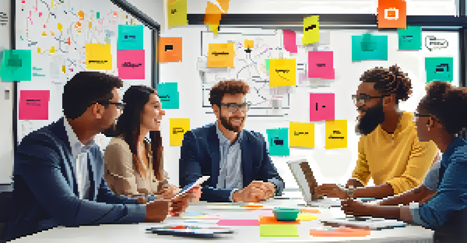 A diverse team brainstorming in an office, with a whiteboard covered in colorful post-it notes and social media icons, illuminated by bright office lights.