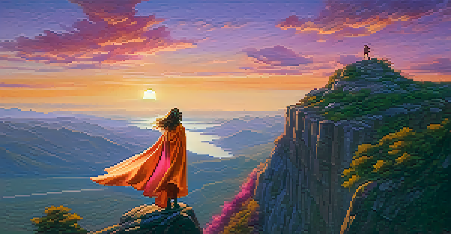 An animated character on a cliff, looking at a colorful sunset sky filled with orange, pink, and purple hues.