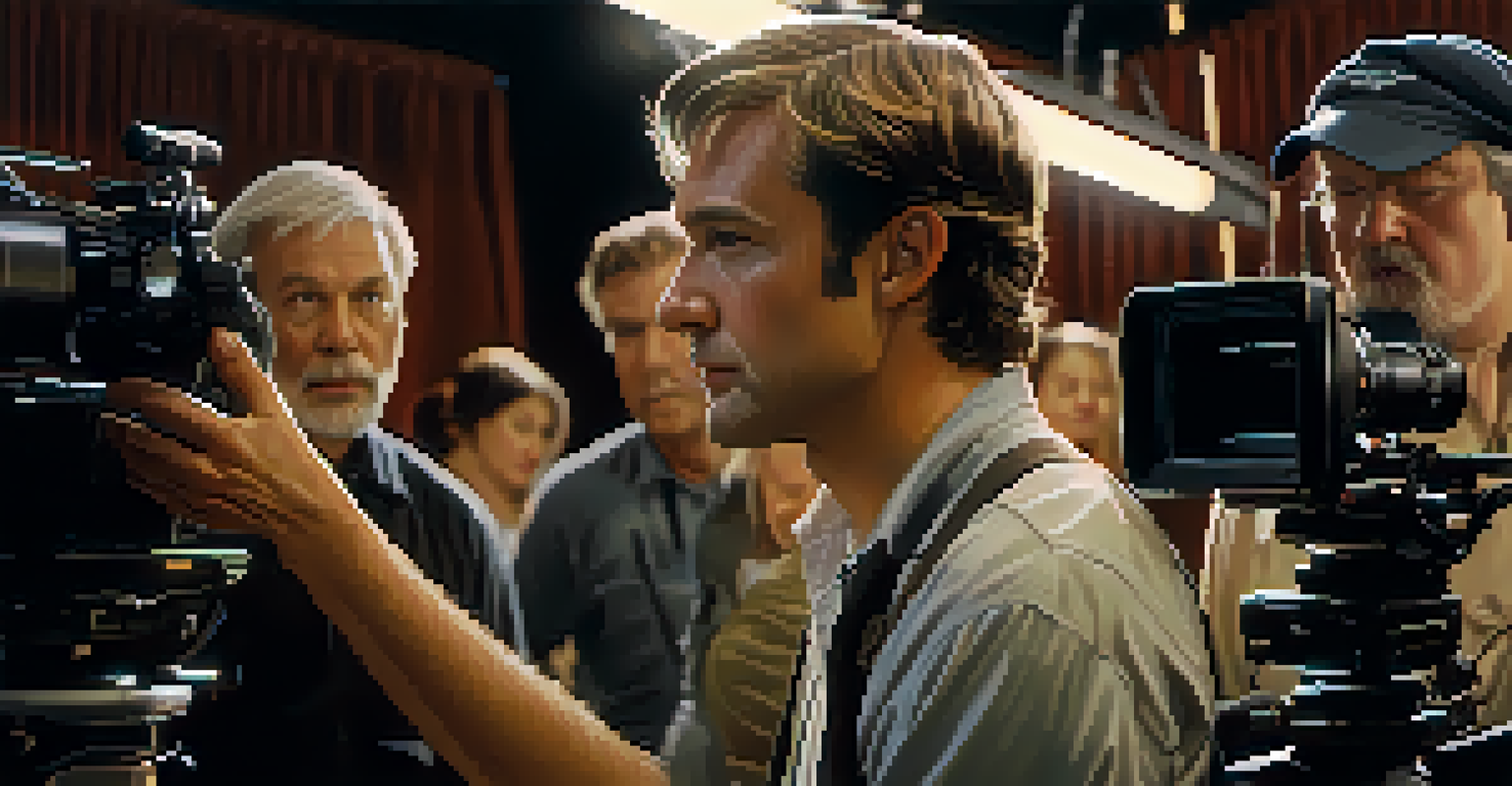 A close-up of a film director on set, focused on filming a scene with crew members in the background.