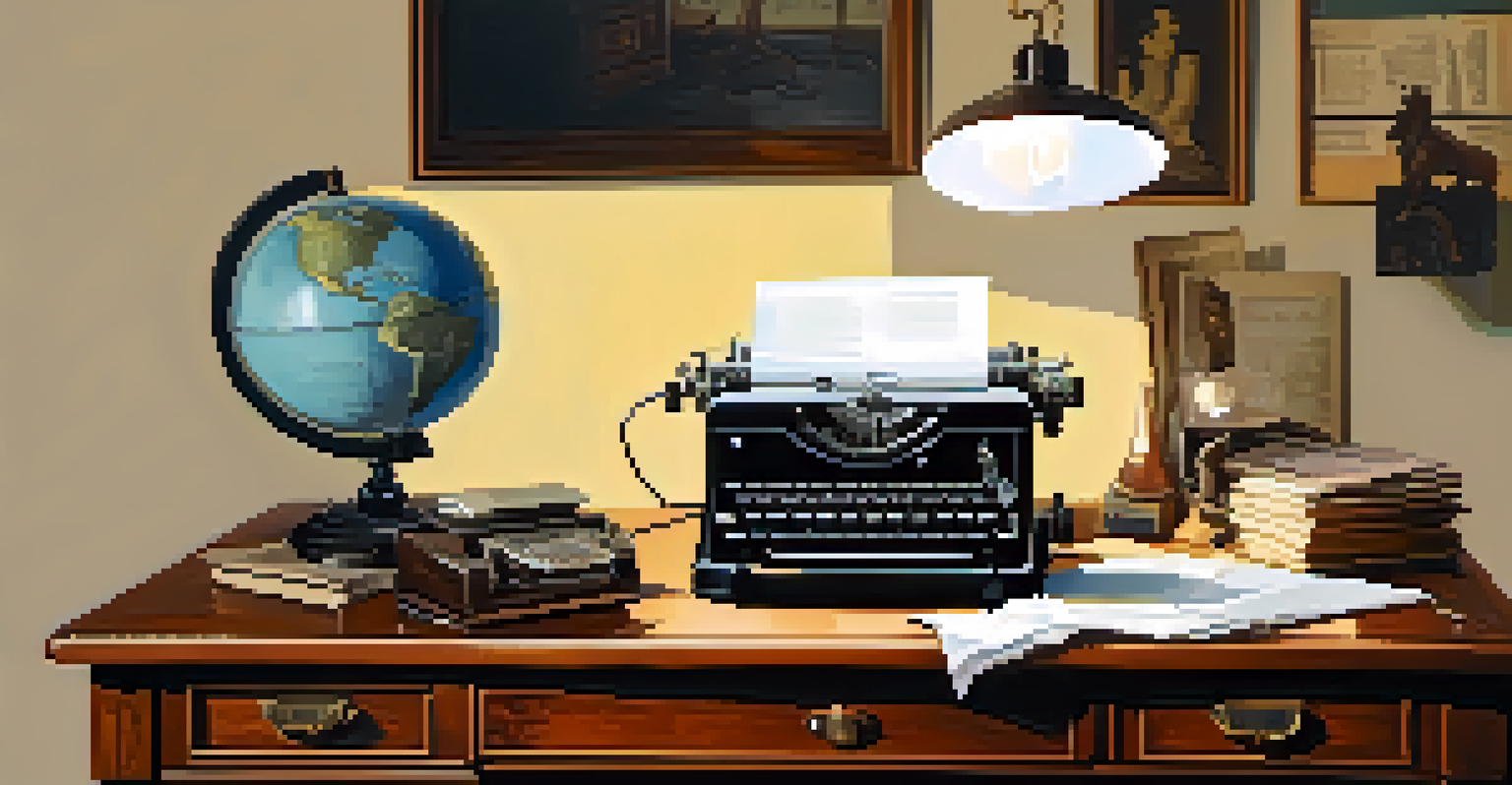 A vintage study room with a dark desk, typewriter, and globe, illuminated by a desk lamp creating an artistic ambiance.