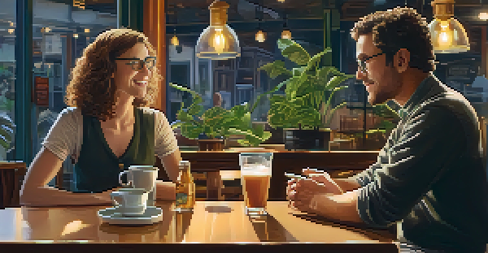 A cozy café with a young woman and a middle-aged man engaged in conversation, surrounded by warm lighting and plants.