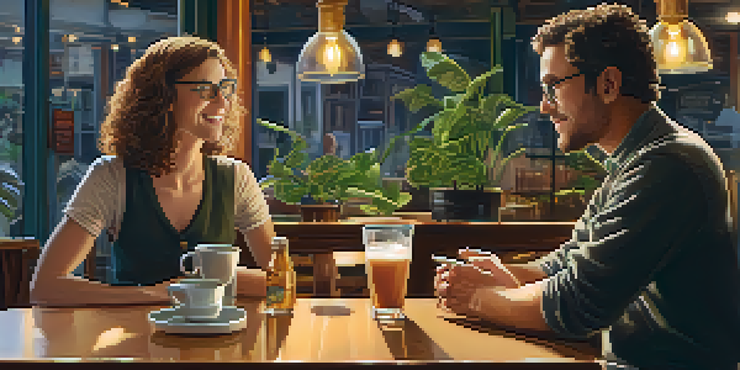 A cozy café with a young woman and a middle-aged man engaged in conversation, surrounded by warm lighting and plants.