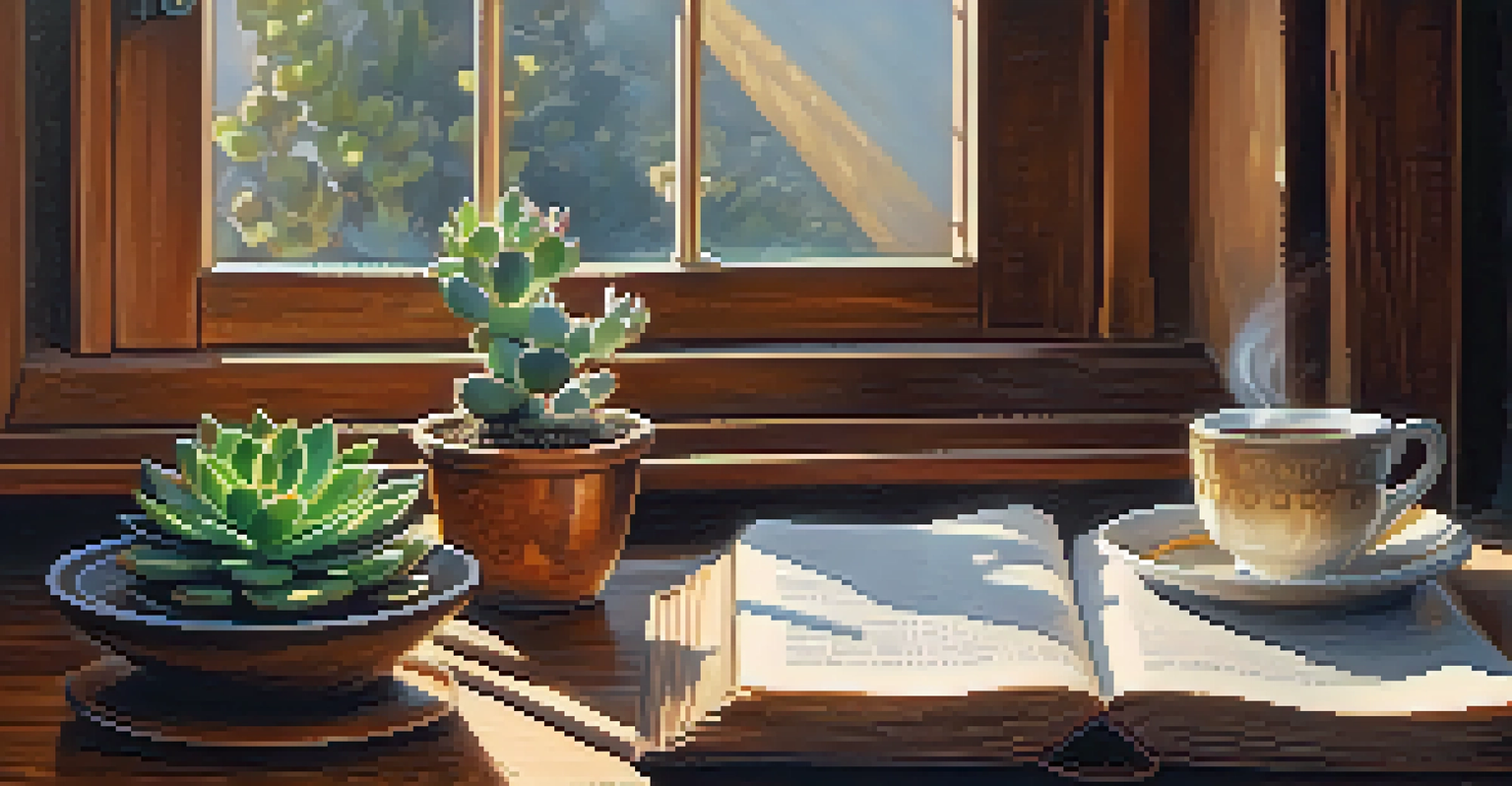 A close-up of a rustic table with an open book, a coffee cup, and a succulent plant under warm sunlight.