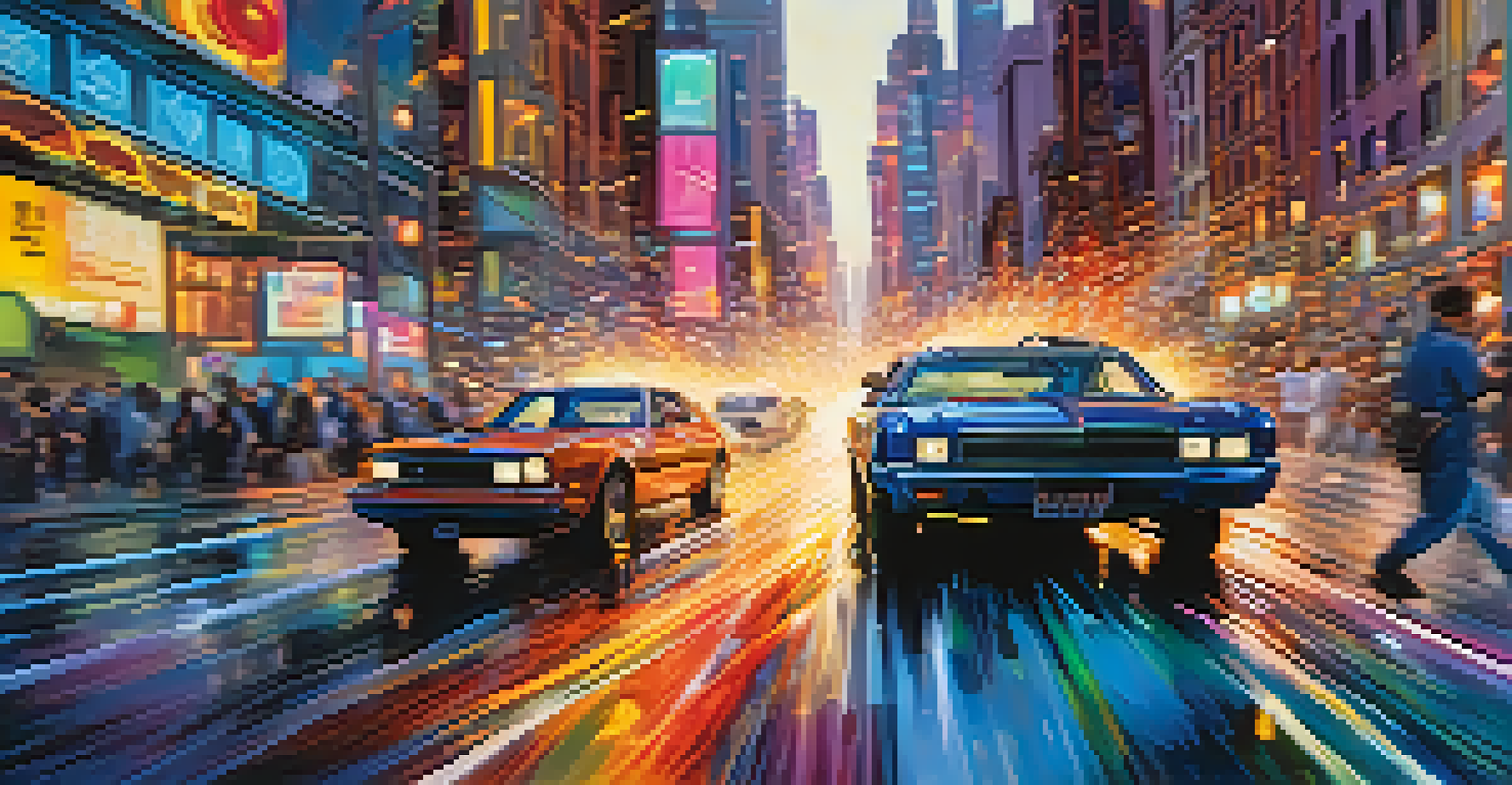 An action movie scene showing a character in mid-action with colorful sound waves representing dynamic sound effects, set against a blurred city backdrop.