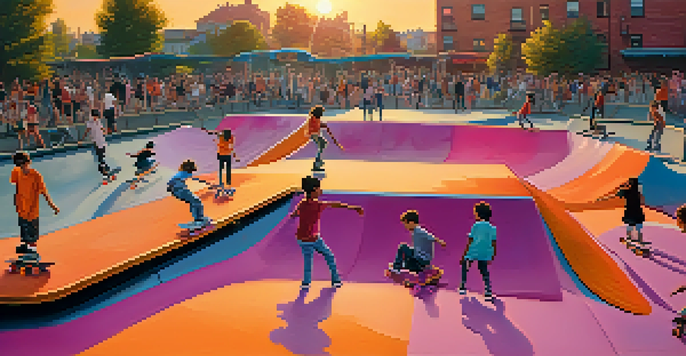 A lively urban skatepark at sunset with diverse young skaters showcasing tricks against a colorful graffiti backdrop.