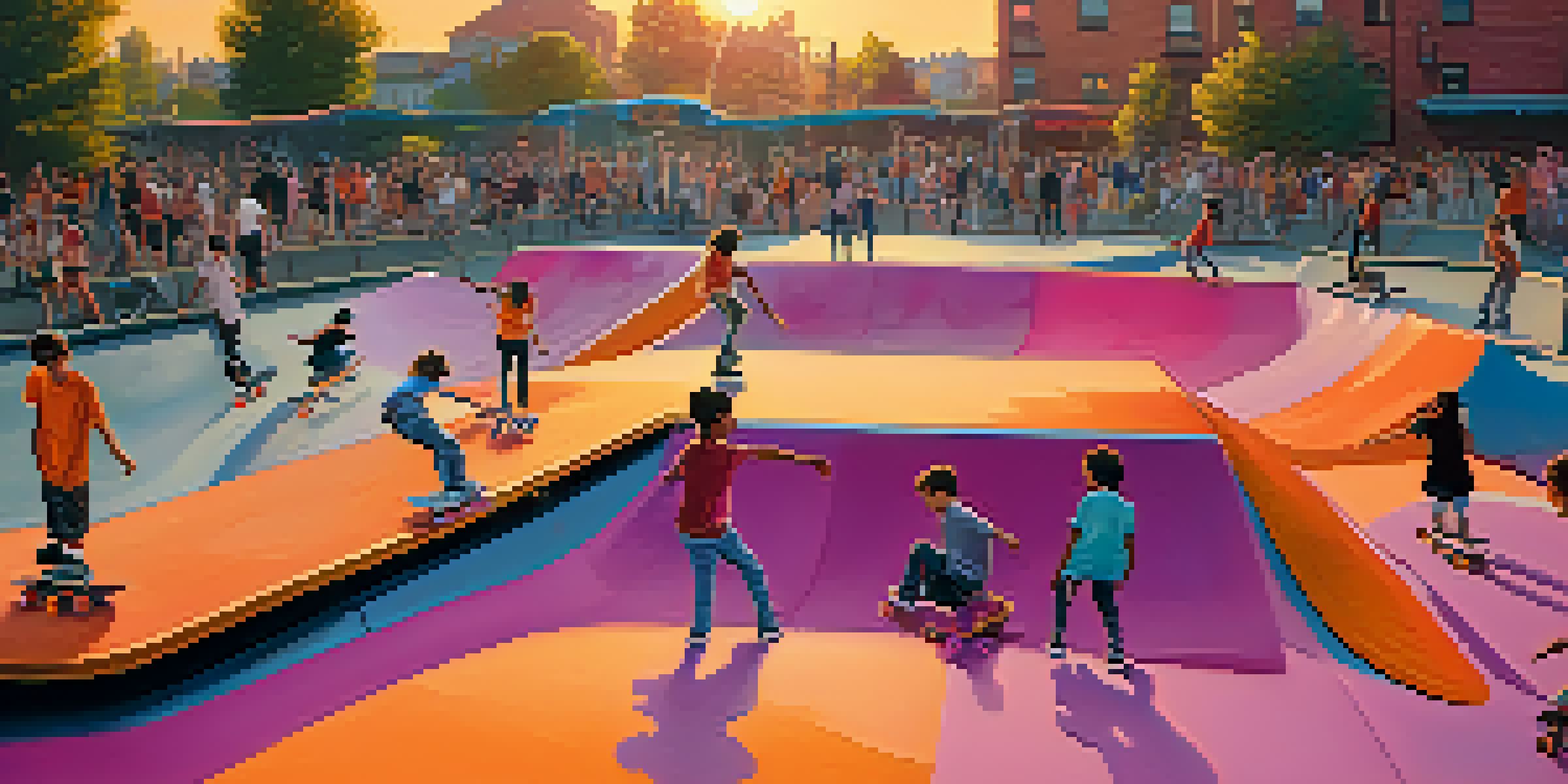 A lively urban skatepark at sunset with diverse young skaters showcasing tricks against a colorful graffiti backdrop.