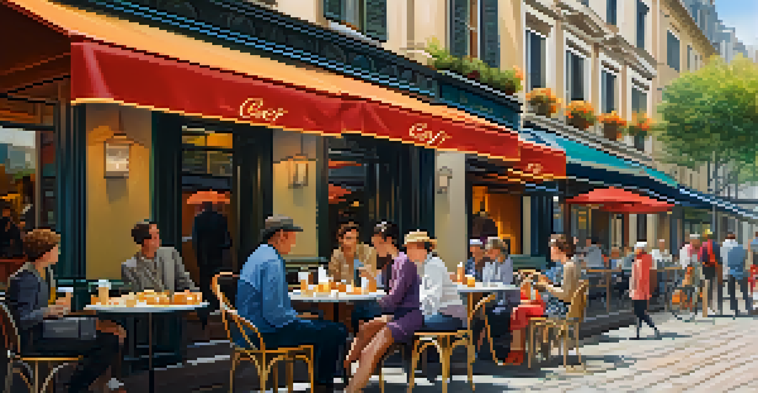 A lively café terrace with colorful flowers and umbrellas, where patrons enjoy coffee and pastries amidst a mix of historical and modern architecture.