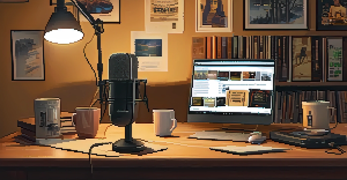 A podcast studio with two microphones, film posters, and a laptop displaying audio waveforms, illuminated by warm lighting.