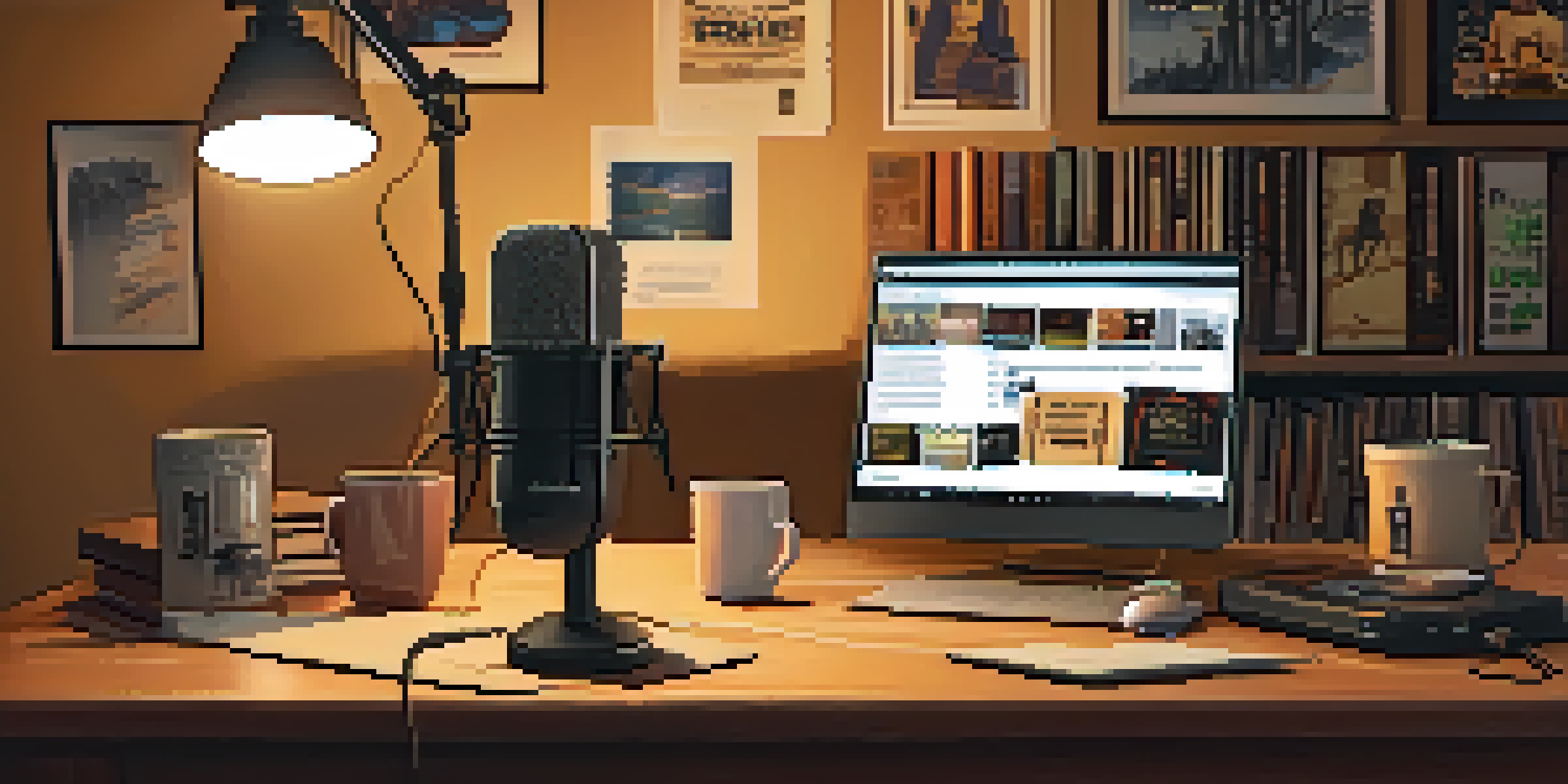 A podcast studio with two microphones, film posters, and a laptop displaying audio waveforms, illuminated by warm lighting.