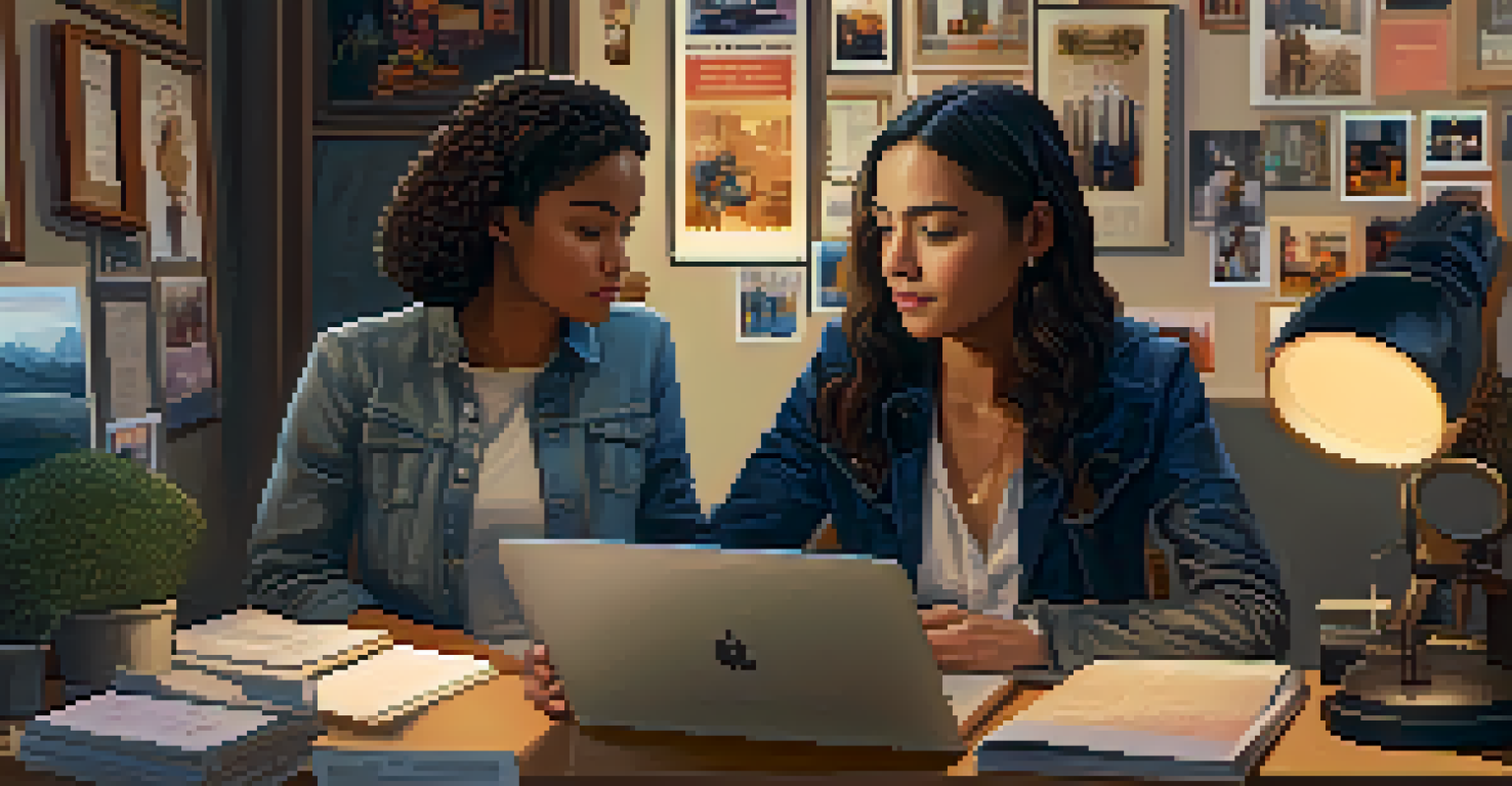An established female producer mentoring a young woman over a laptop in a cozy office, surrounded by awards and film posters in warm lighting.