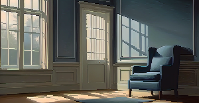 A solitary chair in a dimly lit room with soft shadows and a faint beam of light, creating a reflective atmosphere.