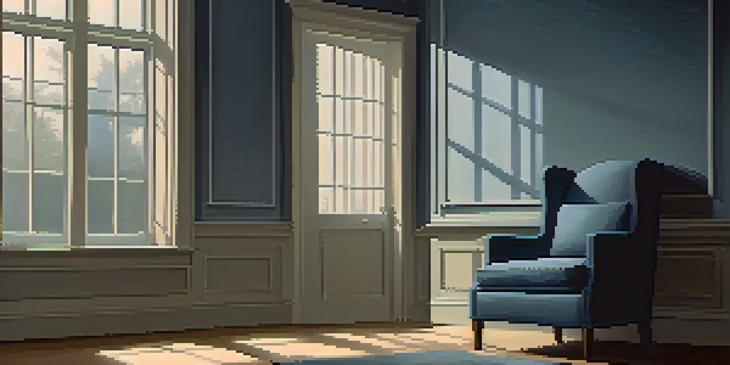 A solitary chair in a dimly lit room with soft shadows and a faint beam of light, creating a reflective atmosphere.