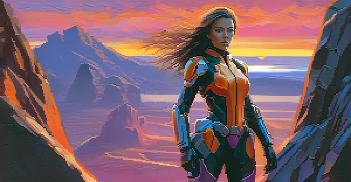 A female action hero in a futuristic combat suit stands on a cliff at sunset, holding a high-tech weapon, with vibrant colors in the sky.