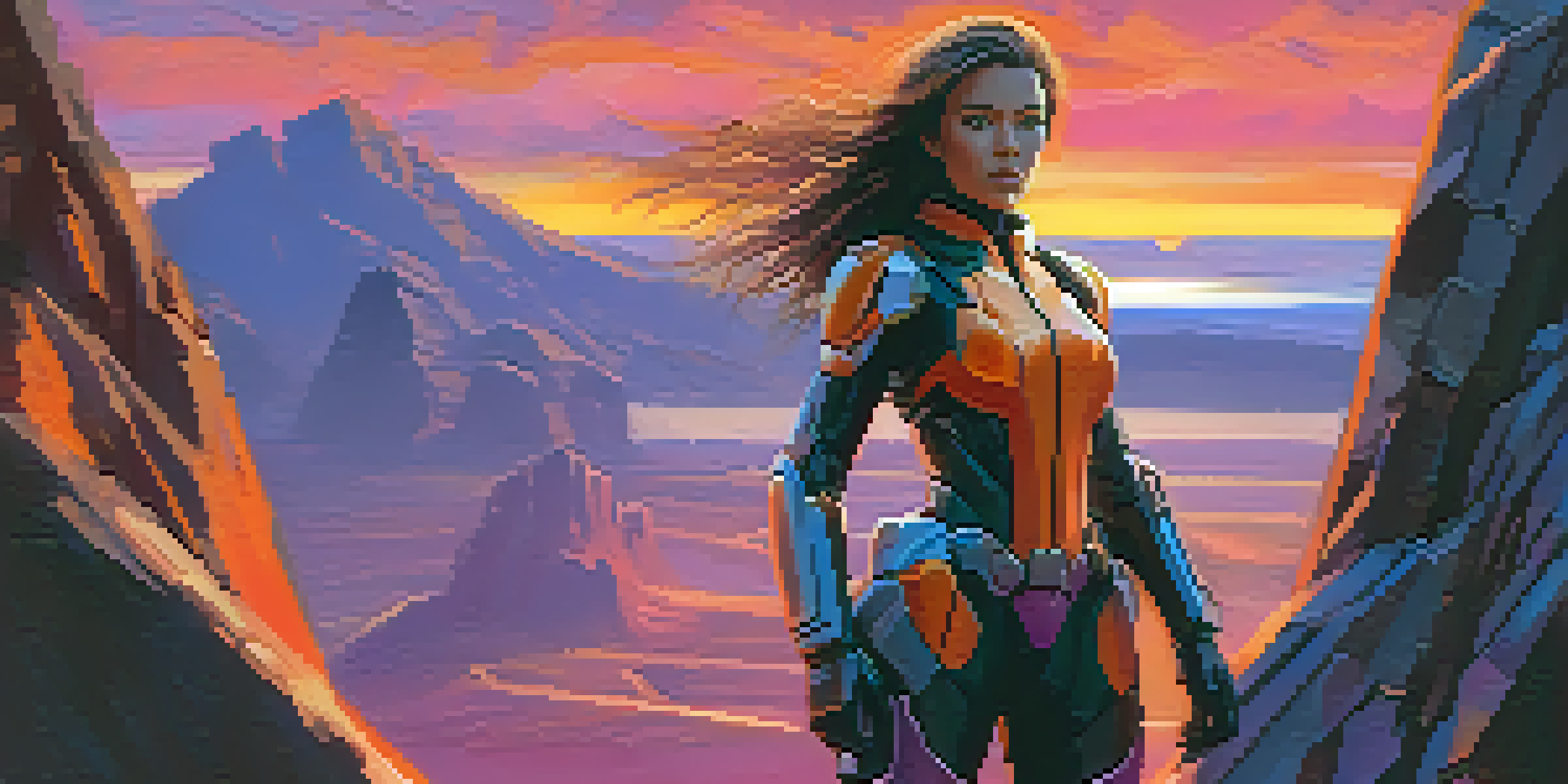 A female action hero in a futuristic combat suit stands on a cliff at sunset, holding a high-tech weapon, with vibrant colors in the sky.