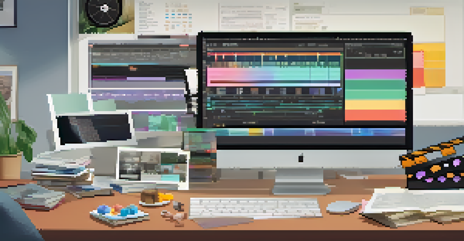 An overhead view of a colorful film editing timeline on a computer screen.