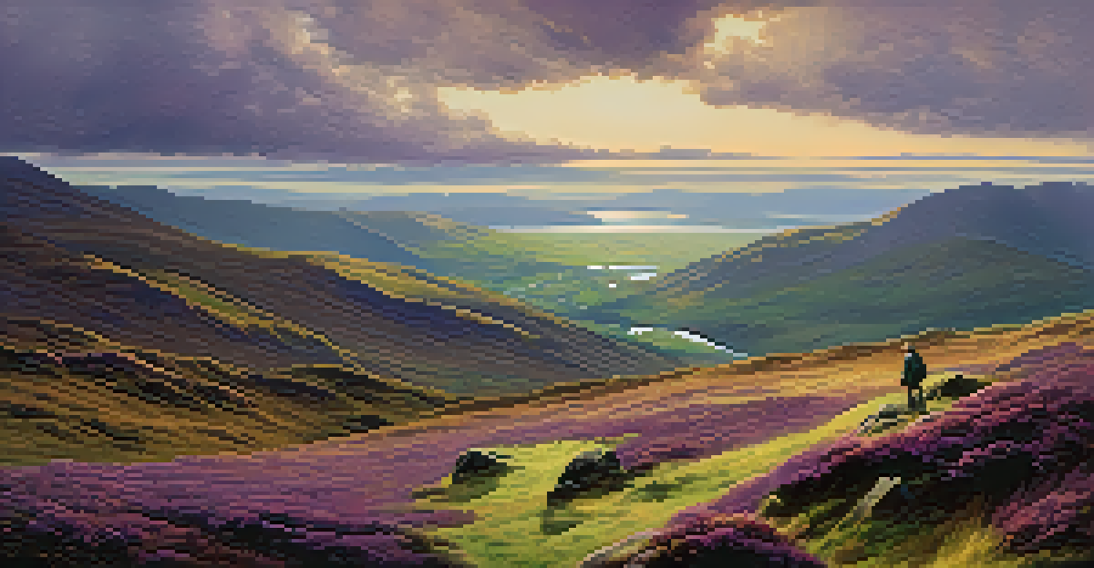 A lone figure standing on a rocky outcrop in the Scottish highlands, overlooking expansive valleys bathed in golden light.