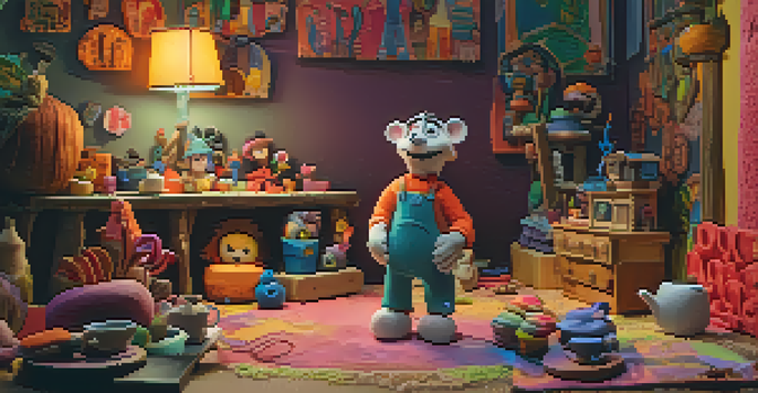 A colorful claymation character in a cozy room, mid-action with hand-crafted props, illuminated by warm lighting.