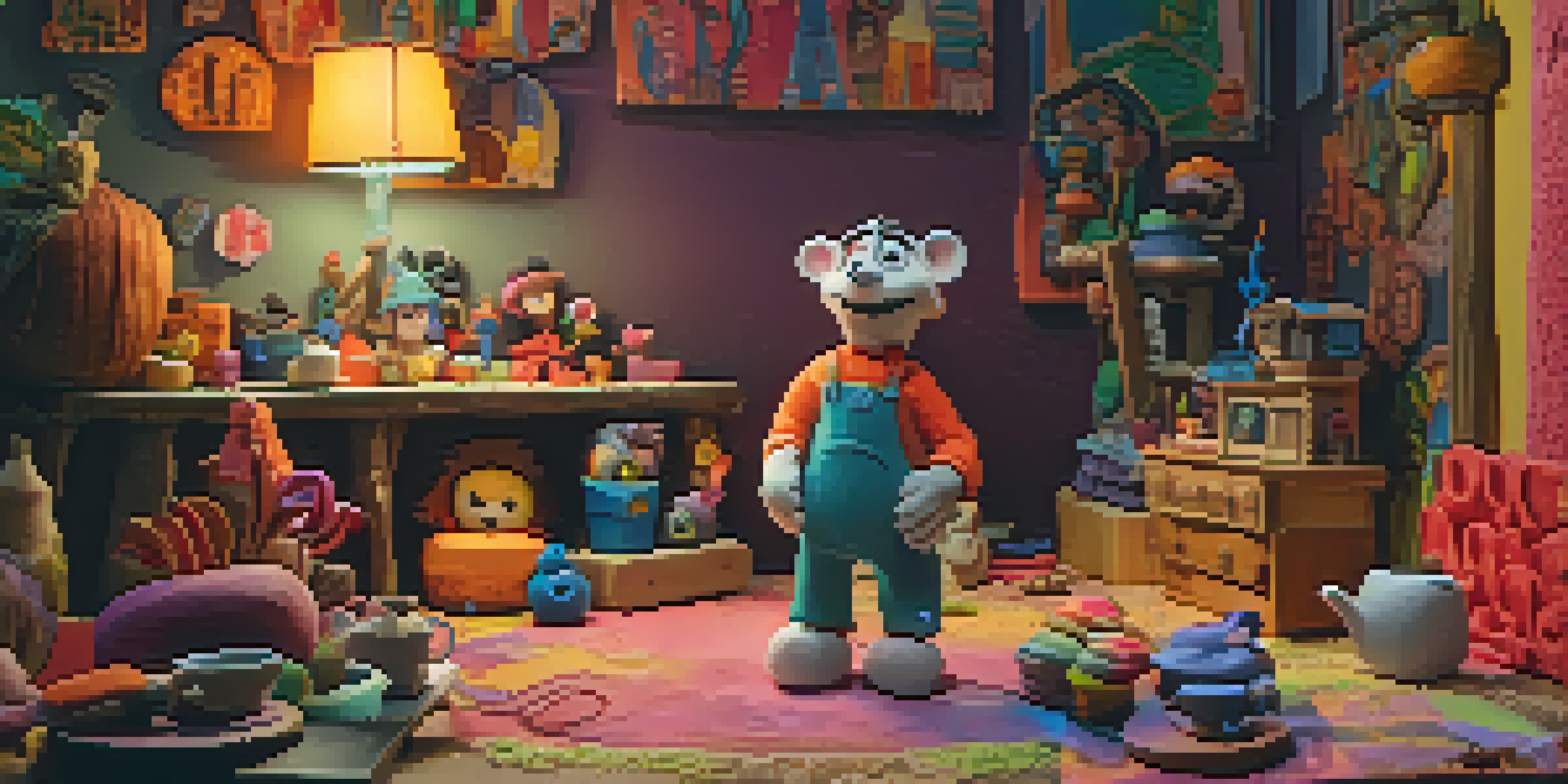 A colorful claymation character in a cozy room, mid-action with hand-crafted props, illuminated by warm lighting.