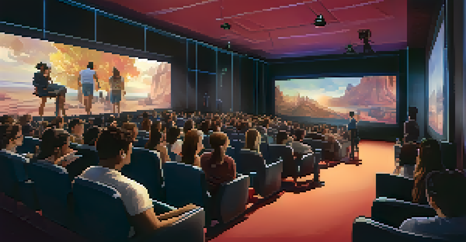 An interactive cinema setup where audience members select story paths on digital devices, surrounded by screens showing narrative options.