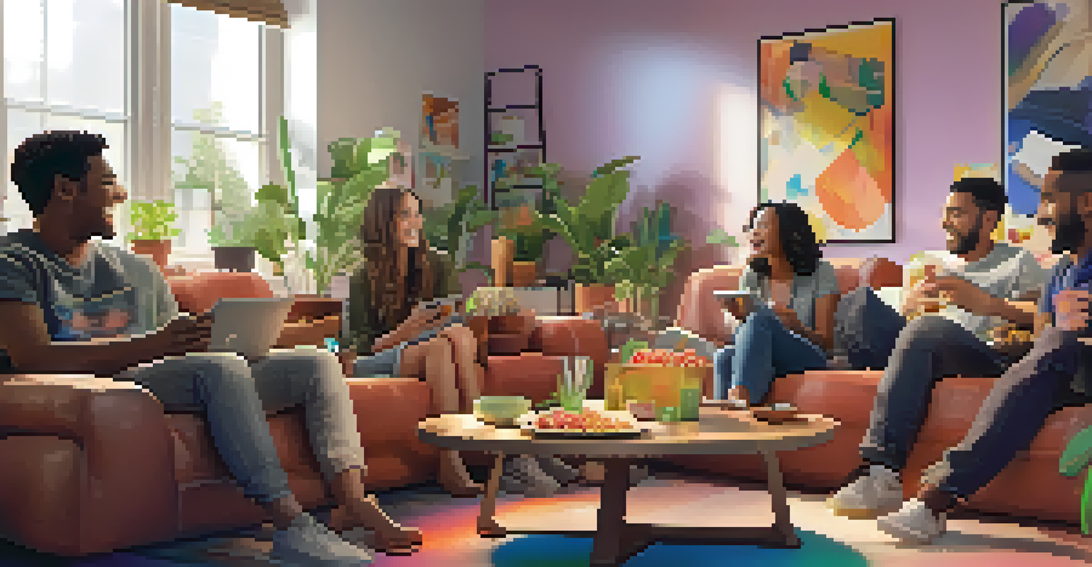 A diverse group of friends interacting with a tablet, enjoying an interactive movie experience in a modern apartment.
