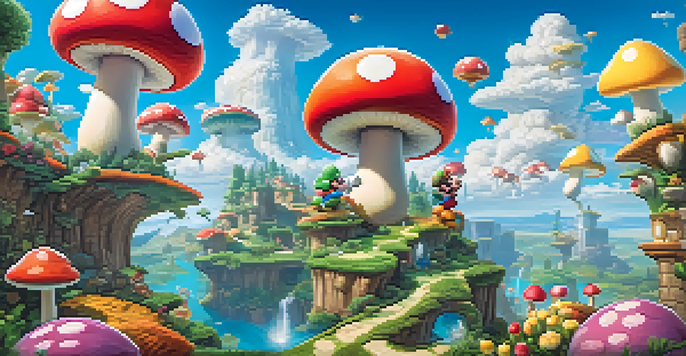 A colorful animated landscape inspired by Super Mario, showcasing mushroom-shaped trees and whimsical characters in a bright blue sky.