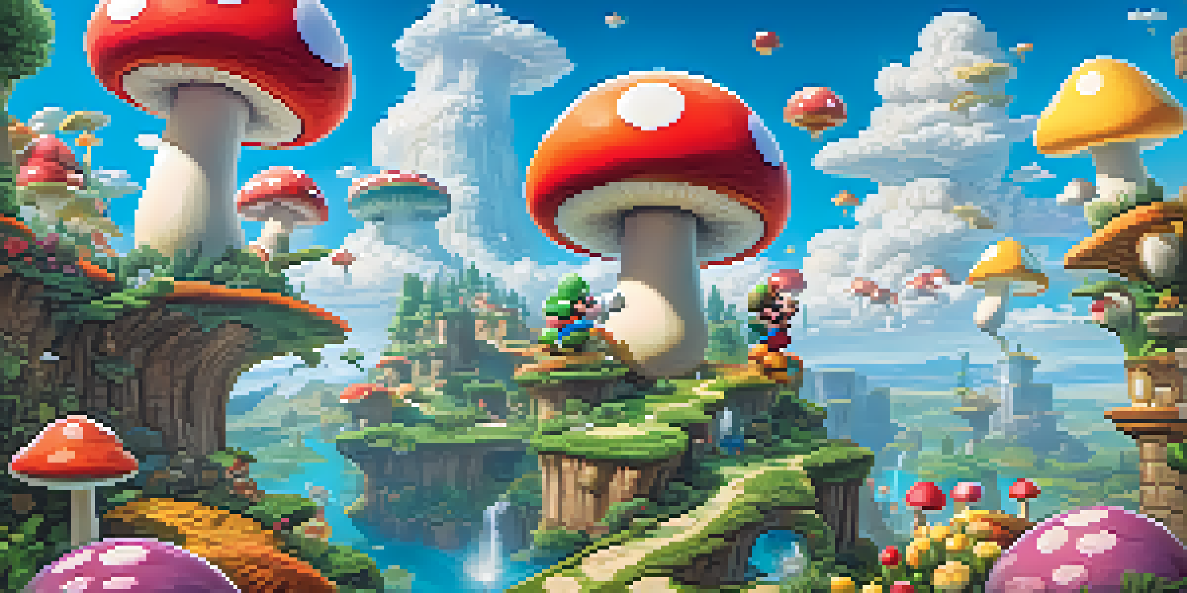 A colorful animated landscape inspired by Super Mario, showcasing mushroom-shaped trees and whimsical characters in a bright blue sky.