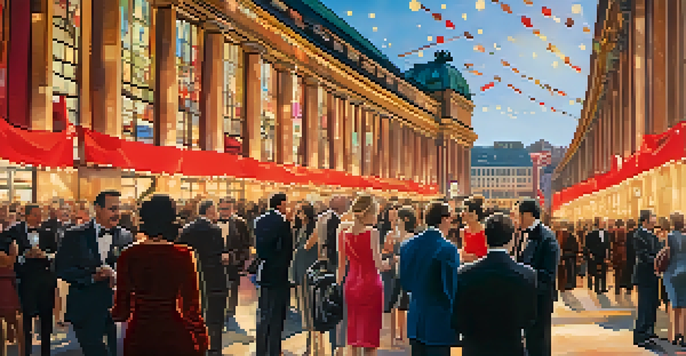A lively red carpet scene at the Berlin International Film Festival, featuring attendees in formal wear and colorful banners, with photographers present.