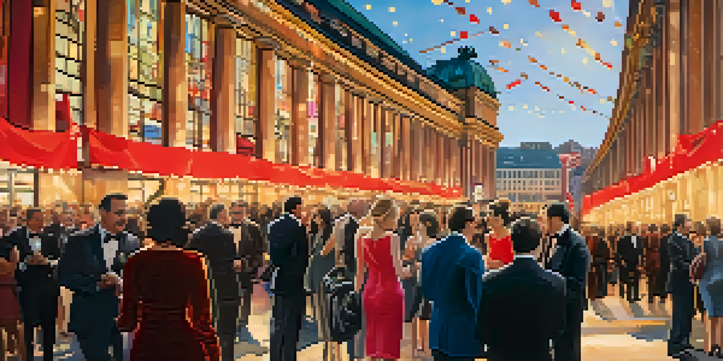 A lively red carpet scene at the Berlin International Film Festival, featuring attendees in formal wear and colorful banners, with photographers present.