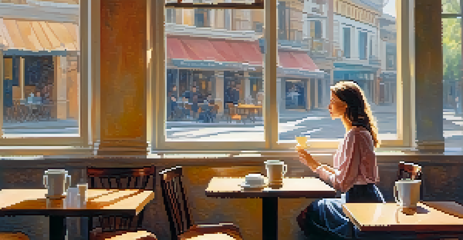 A woman sitting alone in a sunlit café, looking out the window with a cup of coffee on the table.