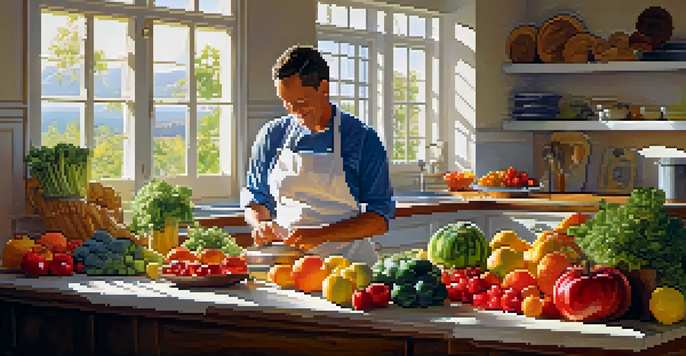 A bright kitchen with colorful fruits and vegetables, a cheerful chef preparing a meal under sunlight.