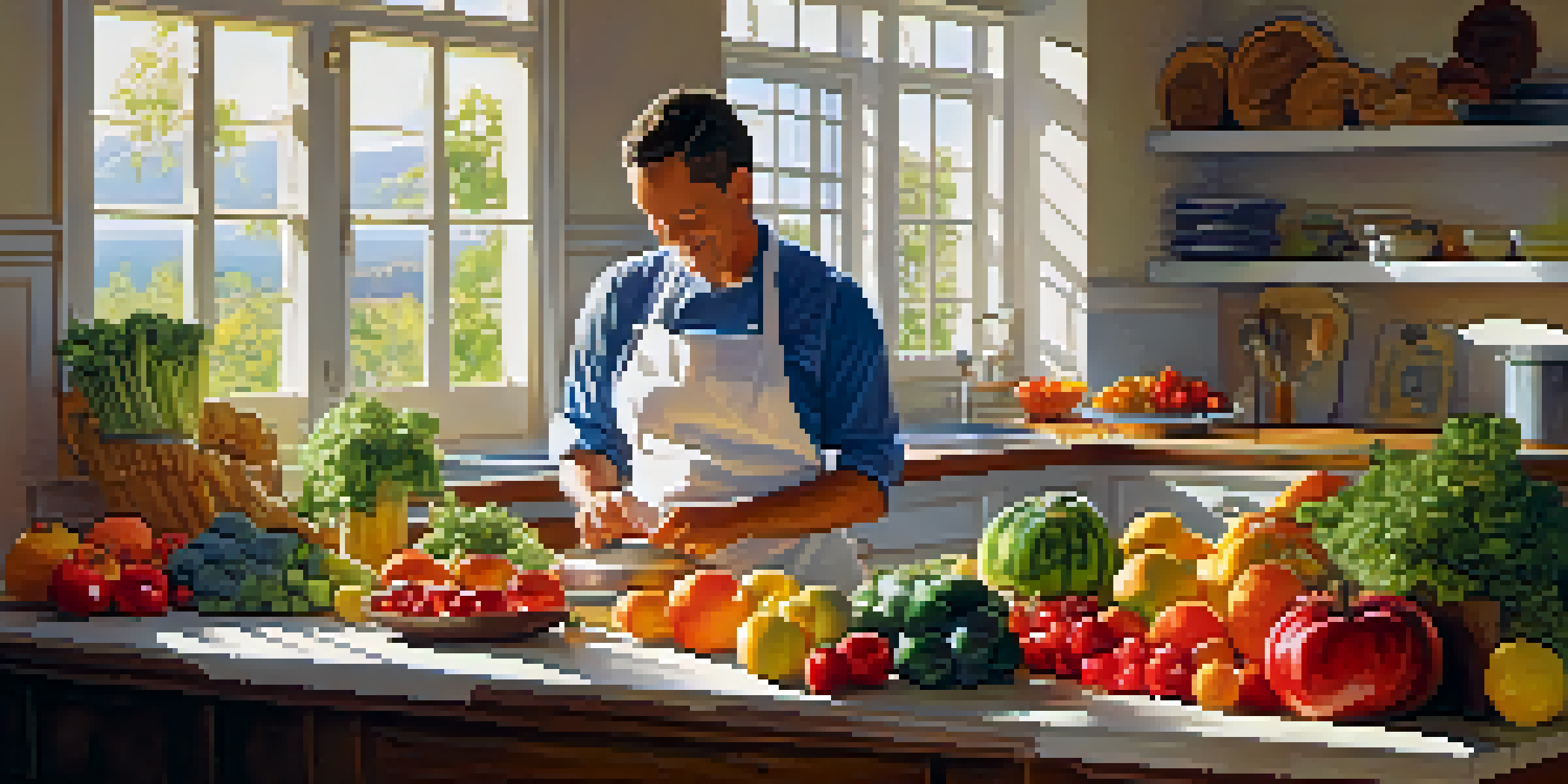 A bright kitchen with colorful fruits and vegetables, a cheerful chef preparing a meal under sunlight.