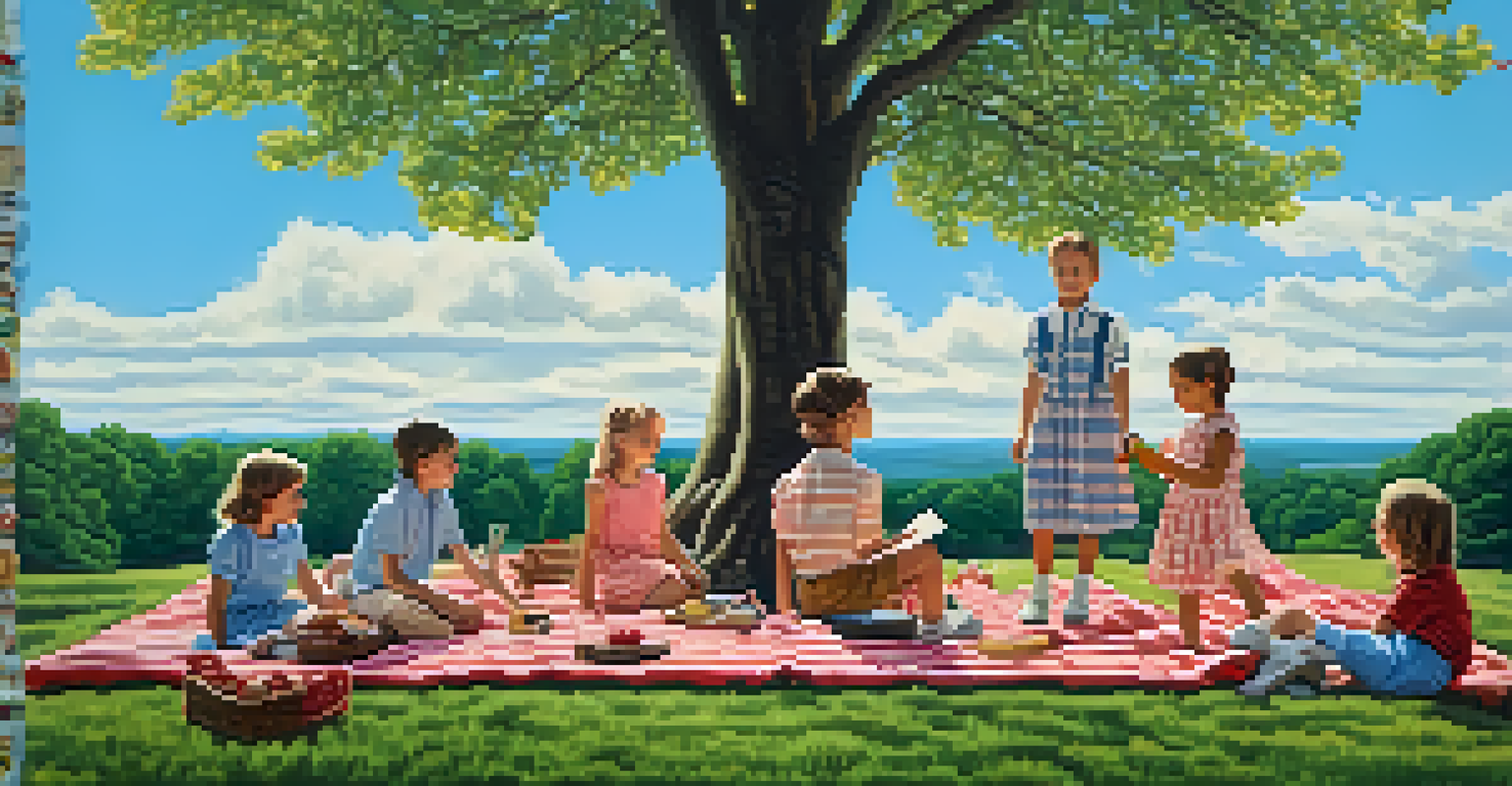 Children in retro clothing playing on a picnic blanket in a symmetrically arranged outdoor scene with trees and a blue sky.