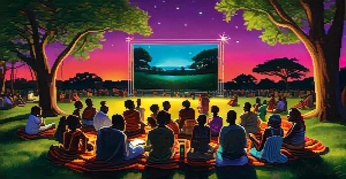 A lively outdoor film festival scene in Africa with diverse attendees watching a movie under colorful lights.