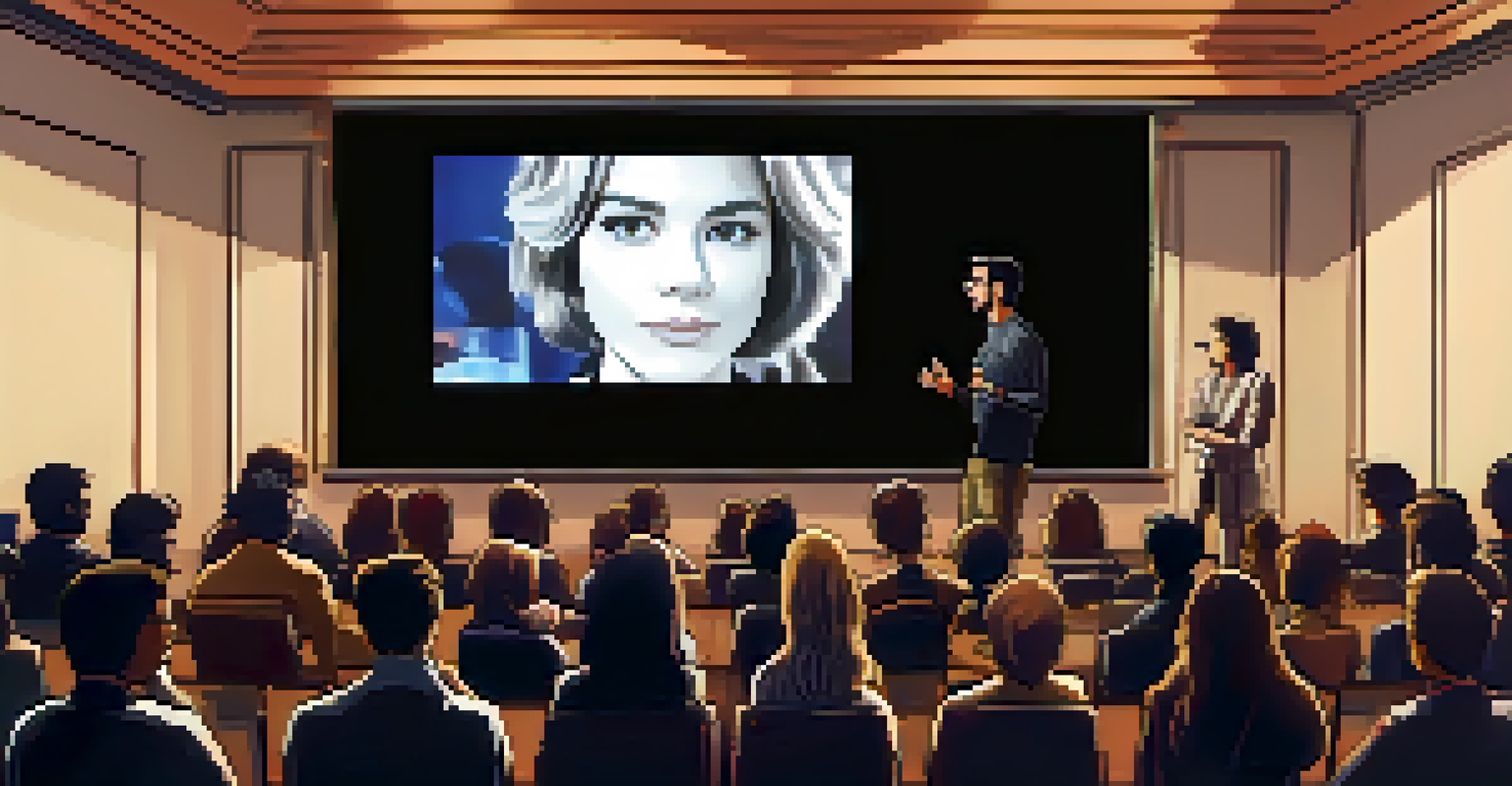 A filmmaker passionately pitching their project at a film festival with a projector screen in the background.