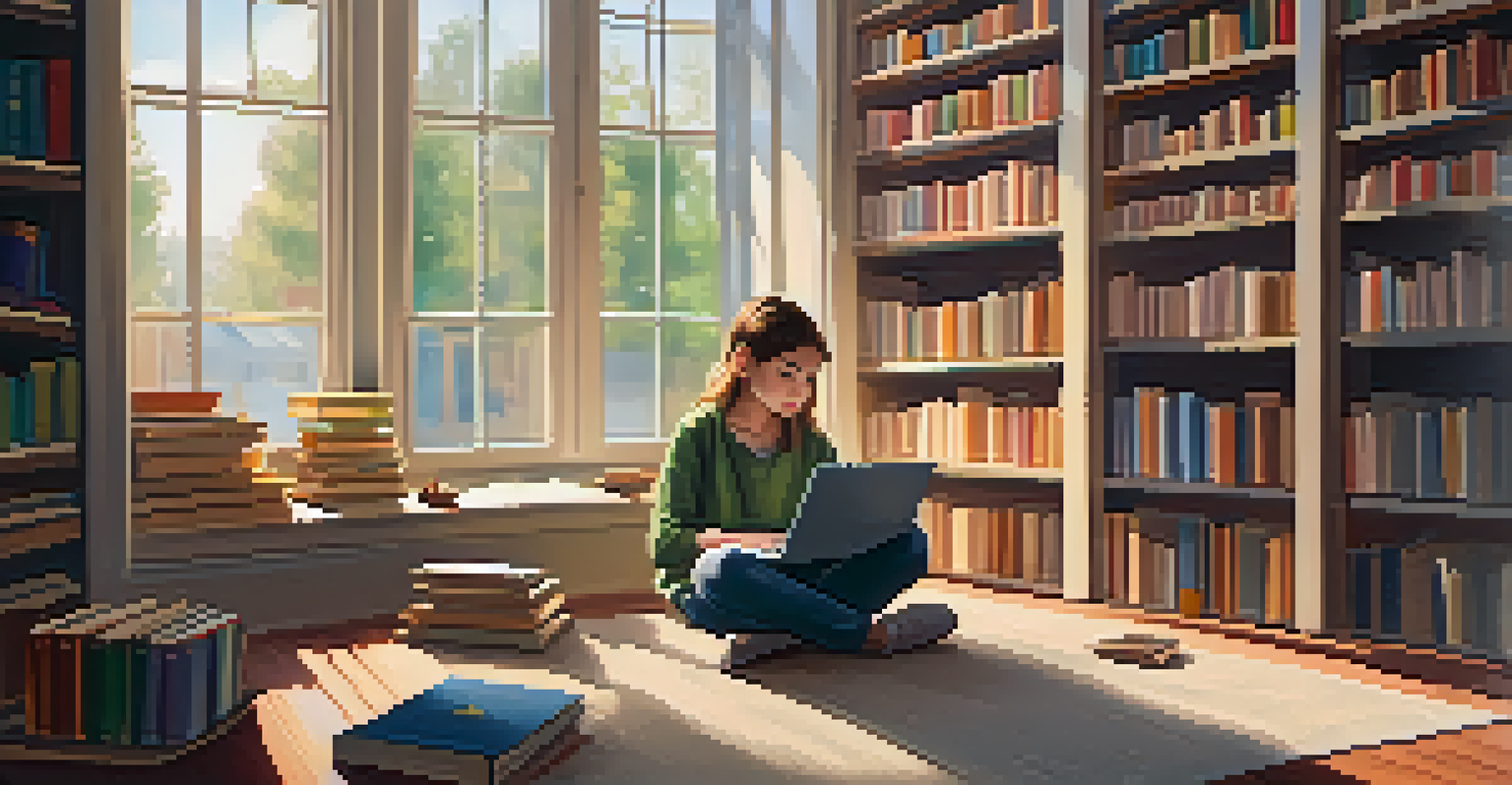 A student sitting in a library corner, watching an educational film on a laptop, surrounded by books and natural light.