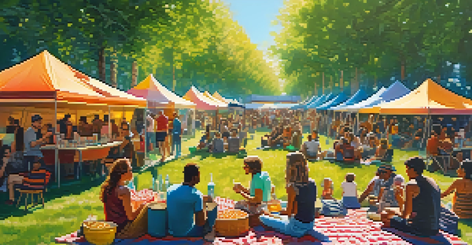 A lively film festival with diverse attendees enjoying movies outdoors under sunlight.