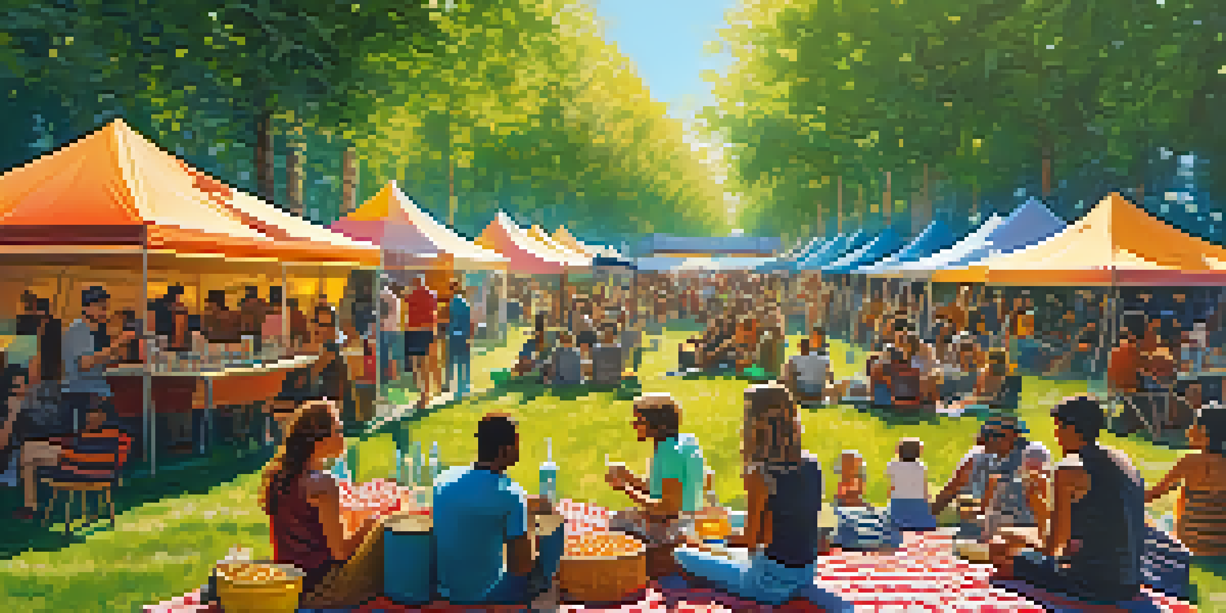 A lively film festival with diverse attendees enjoying movies outdoors under sunlight.