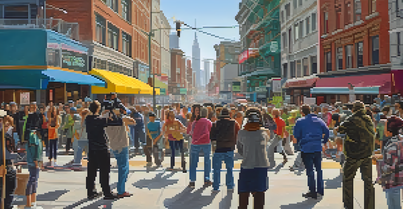 A documentary crew filming in a busy city, with a camera operator and narrator amidst vibrant street scenes.