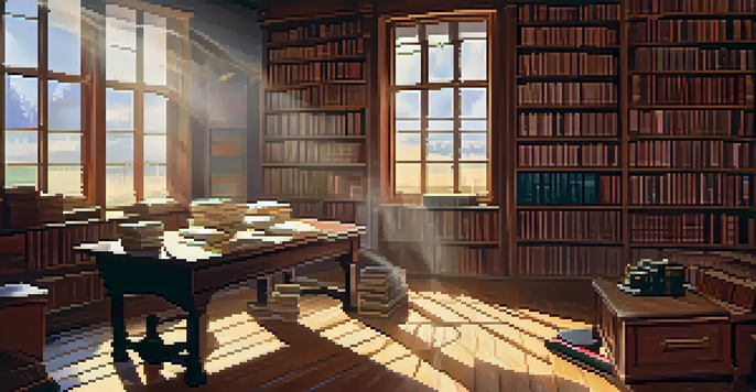 A sunlit library with a wooden table, an open screenplay, a cup of coffee, and film-related items, creating a warm and inviting atmosphere.