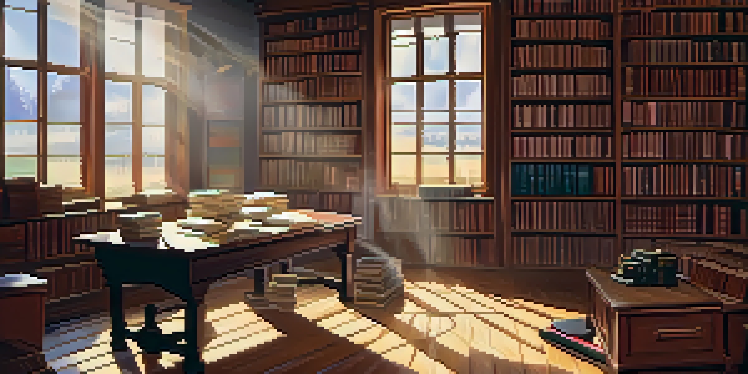 A sunlit library with a wooden table, an open screenplay, a cup of coffee, and film-related items, creating a warm and inviting atmosphere.
