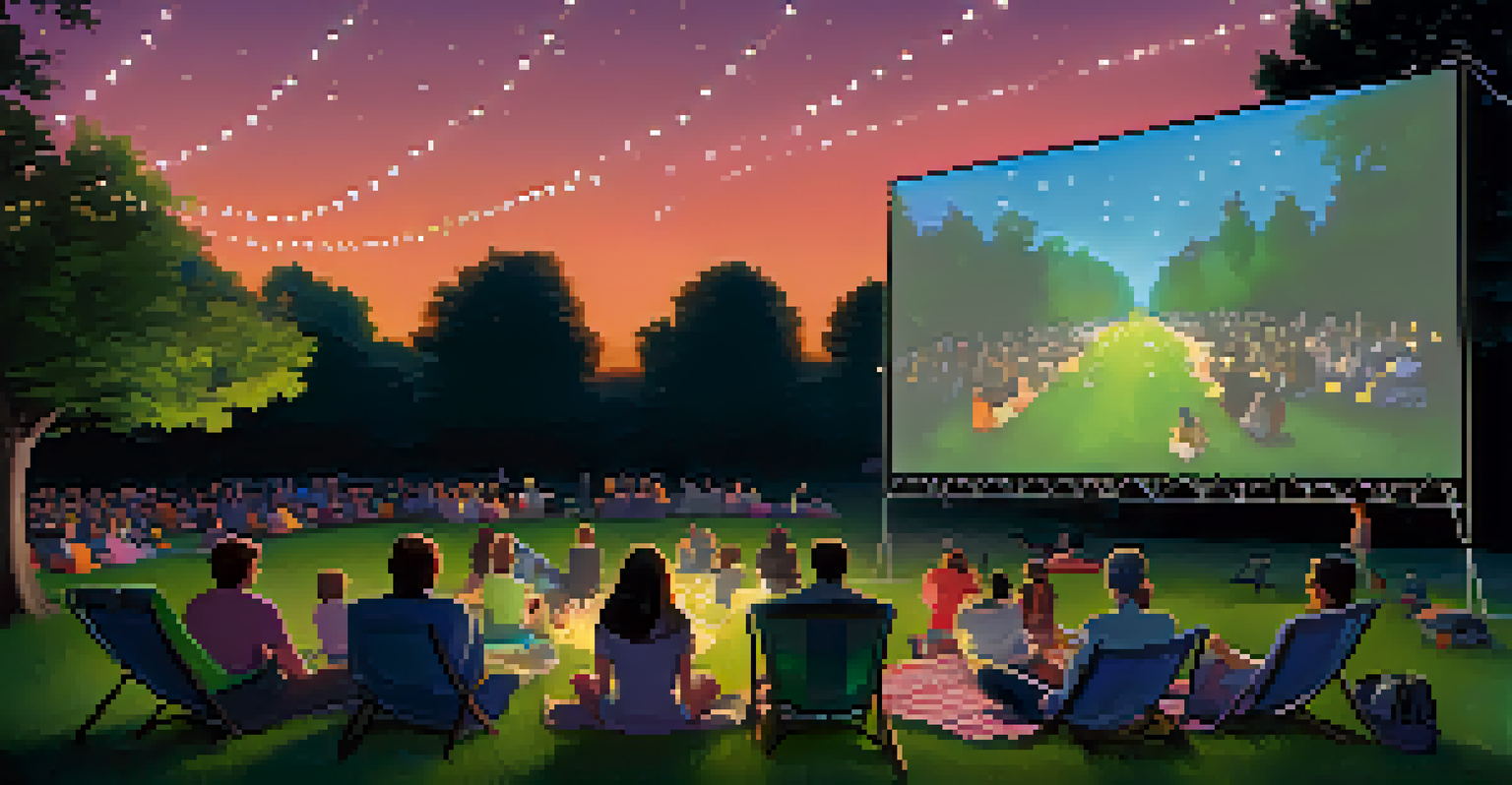An outdoor cinema in a park at twilight with people watching a film on a large screen illuminated by fairy lights.