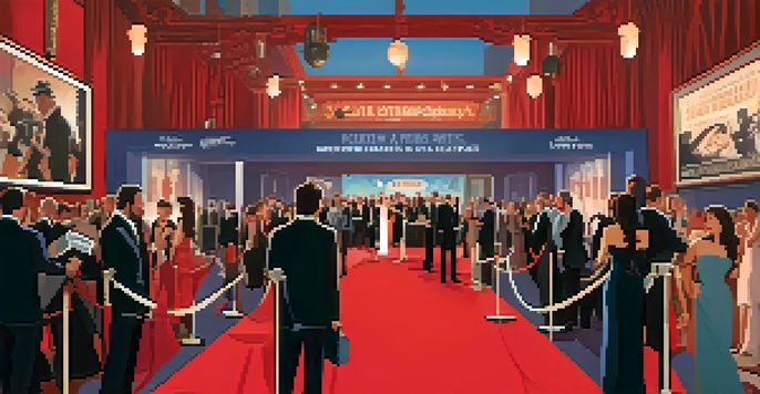 A vibrant film festival with a red carpet, guests in formal attire, and movie posters in the background.