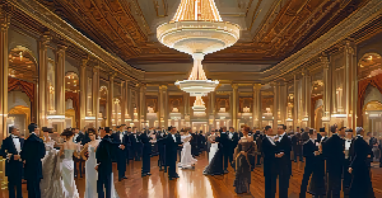 A lavishly decorated ballroom from the Titanic era, featuring chandeliers and elegantly dressed passengers dancing, illustrating the ship's luxury.