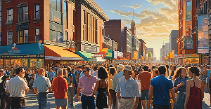 A bustling street scene at the Toronto International Film Festival with diverse crowds and colorful festival banners.