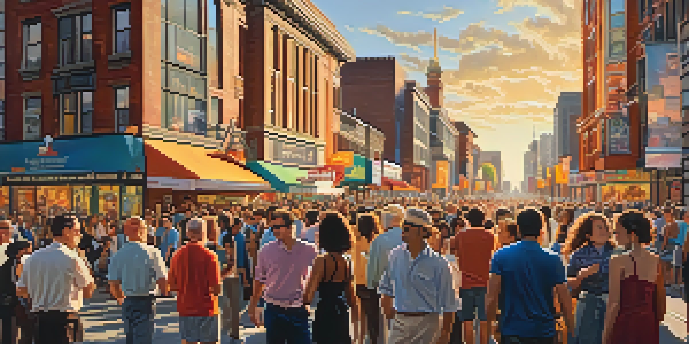 A bustling street scene at the Toronto International Film Festival with diverse crowds and colorful festival banners.