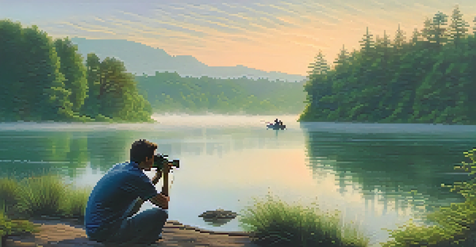 A documentary filmmaker capturing the sunrise over a tranquil lake, surrounded by lush greenery.