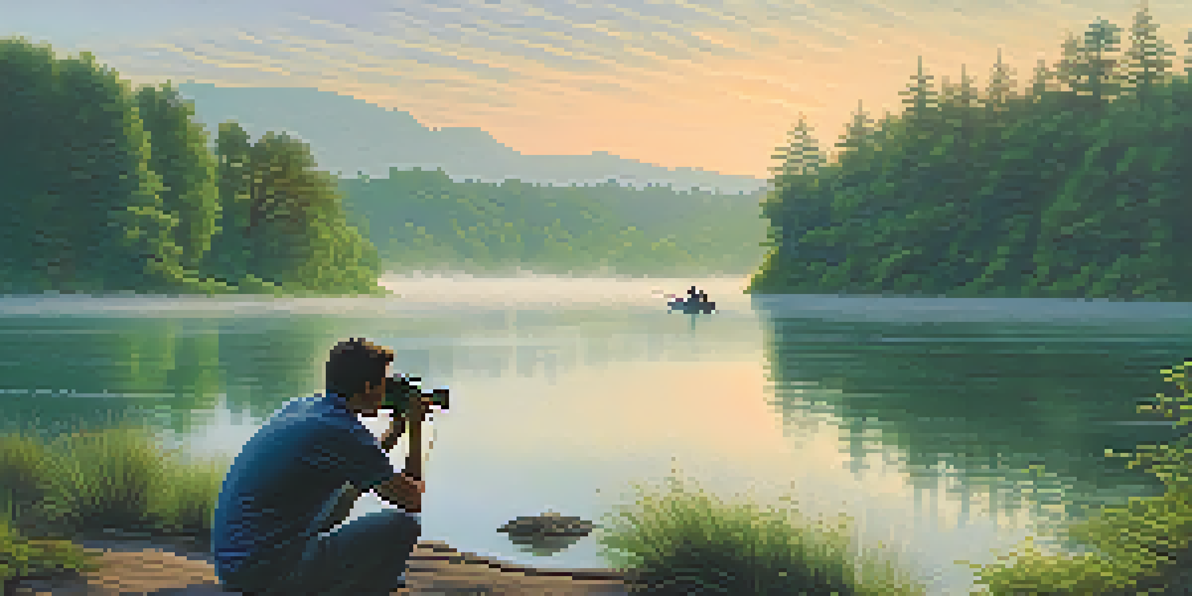 A documentary filmmaker capturing the sunrise over a tranquil lake, surrounded by lush greenery.
